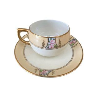Vintage Japan Teacup and Saucer Lusterware Cabbage Roses Art Deco Floral